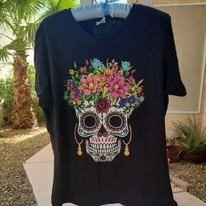 Port & Company Women's XL Short Sleeve Floral Skull Tee